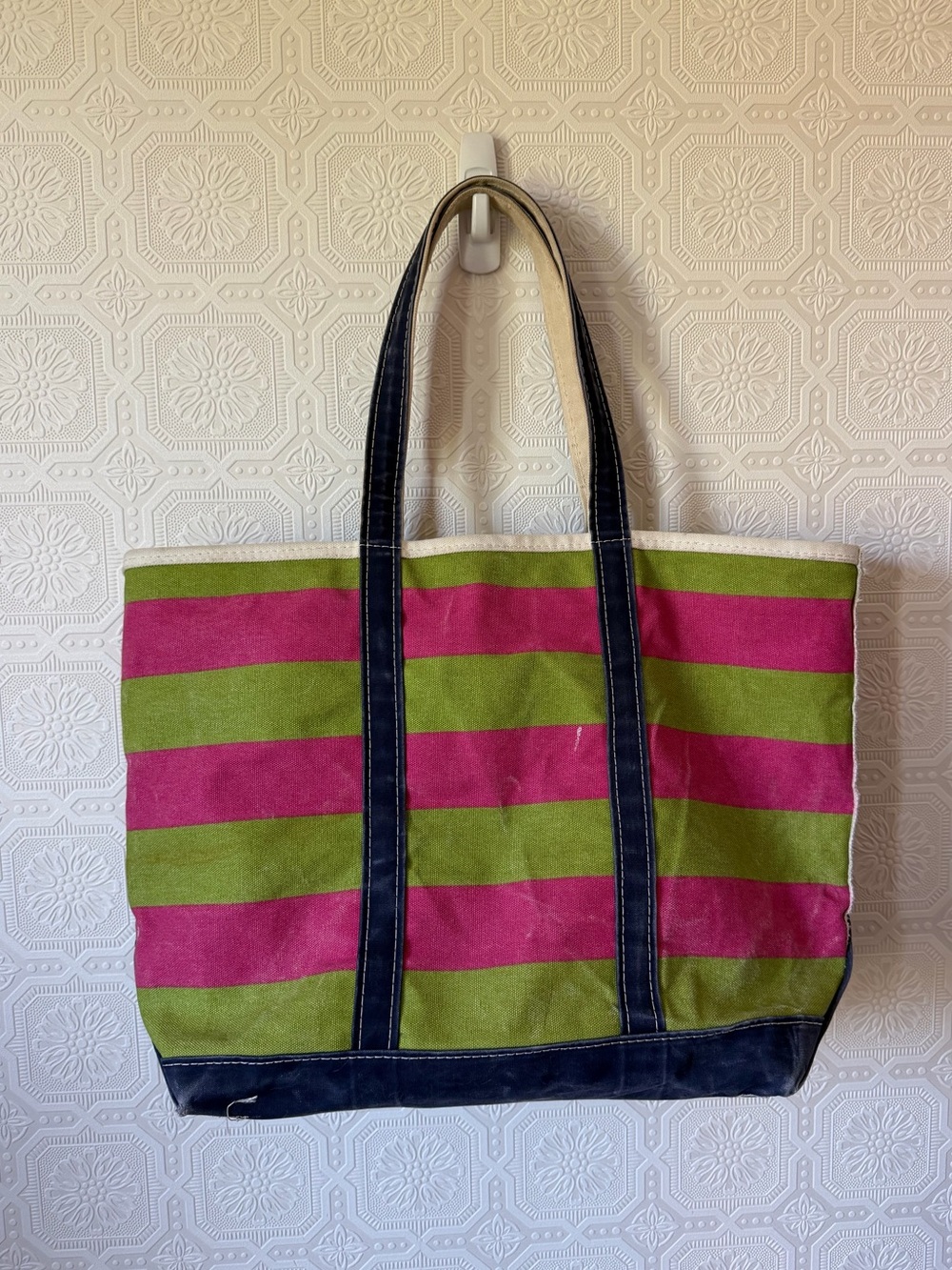 L.L.Bean Boat and Tote Bag Striped Zip Top Large Green Pink Monogram